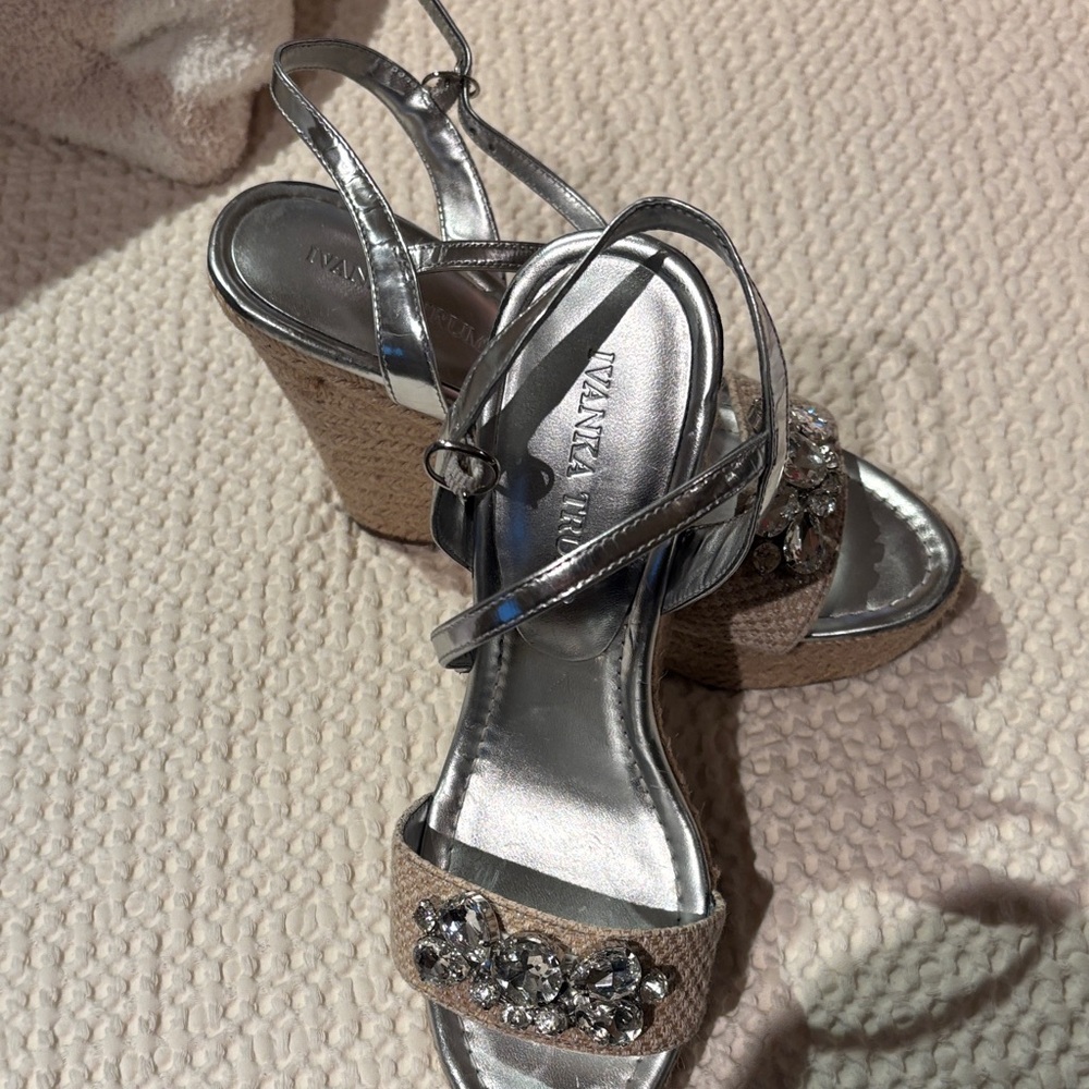 Ivanka Trump Silver Crystal Embellished Jute Wedge Sandals